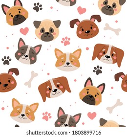 Cute pets seamless pattern with different dogs