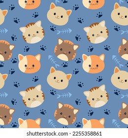 Vector illustration, Cats seamless pattern, Different type of cute cartoon  cat on white background . It can be print and used as wallpaper, packaging,  wrapping paper, fabric and etc. Stock Vector