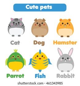 Cute pets set. Cat, dog, hamster, fish, parrot, rabbit in children style, vector illustration. Stickers, educational illustrations, isolated design elements for kids books