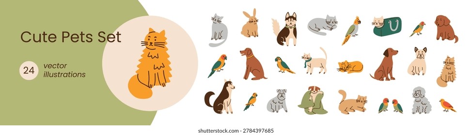 Cute pets set vector illustration bundle, flat cartoon cats, dogs, rabbits, parrots. Persian cat, husky, labrador, bunny, cockatiel, conure, lovebirds, tabby cat, poodle, schnauzer, domestic animals