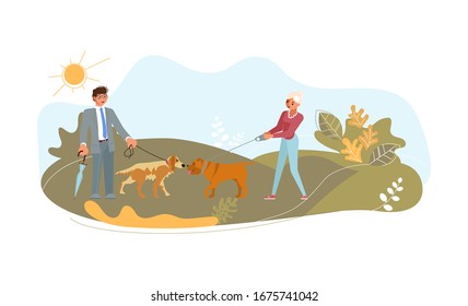 Cute pets sniff each other for say hello. Dog walker and pet owner with domestic animals in public park. Flat Art Vector Illustration