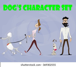 Cute pets with their owners set. Every character can use as separate design element. Pets, dogs, dog walking service, veterinary character set. Vector  illustration