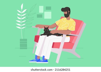 Cute pets and their owners together modern flat concept. Man sits in chair and hugs his cat. Young guy spends time with kitten at home. Vector illustration with people scene for web banner design