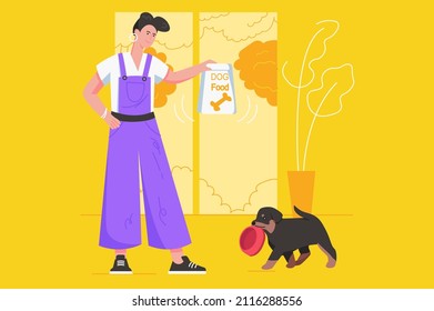 Cute Pets And Their Owners Together Modern Flat Concept. Happy Woman Holding Bag Of Food And Going To Feed Dog, Puppy Carries His Bowl. Vector Illustration With People Scene For Web Banner Design