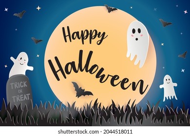 Cute phantoms on Halloween. Scary night party with bats in moonlight. Illustration vectorial