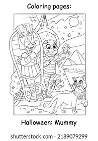 Cute pharaoh mummy and Egyptian cat. Halloween concept. Coloring book page for children. Vector cartoon illustration. For print, decor, education and game