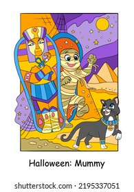 Cute pharaoh mummy and Egyptian cat. Halloween concept. Coloring book page for children. Vector colorful cartoon illustration. For print, decor, education and game