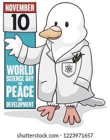 Cute Ph.D dove wearing white lab coat and teaching a loose-leaf calendar with the date for World Science Day for Peace and Development: 10th November.