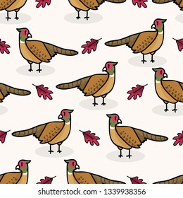 Cute pheasant cartoon seamless vector pattern background. Oak leaf graphic tile. Hand drawn wildlife bird illustration, forest animal for woodland Fashion Prints.