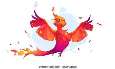 Cute phoenix character with orange burning feathers and fire. Vector cartoon illustration of flying fairy tale firebird, beautiful fenix, mythology magic bird isolated on background