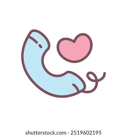 Cute phone handset icon. Hand drawn illustration of a blue handset with a heart speech bubble isolated on a white background. Kawaii St. Valentine day sticker. Vector 10 EPS.