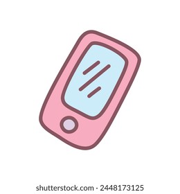 Cute phone icon. Hand drawn illustration of a pink smartphone isolated on a white background. Kawaii sticker. Vector 10 EPS.