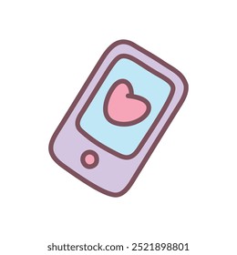 Cute phone icon. Hand drawn illustration of a smartphone with a pink heart on the screen isolated on a white background. Kawaii St. Valentine day sticker. Vector 10 EPS.