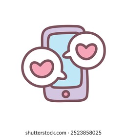 Cute phone icon. Hand drawn illustration of a smartphone and text bubbles with little hearts isolated on a white background. Kawaii St. Valentine day sticker. Vector 10 EPS.
