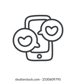 Cute phone icon. Hand drawn monochrome illustration of a smartphone and text bubbles with little hearts isolated on a white background. Kawaii St. Valentine day concept. Vector 10 EPS.