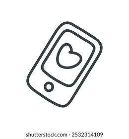 Cute phone icon. Hand drawn monochrome illustration of a smartphone with a heart on the screen isolated on a white background. Kawaii St. Valentine day concept. Vector 10 EPS.