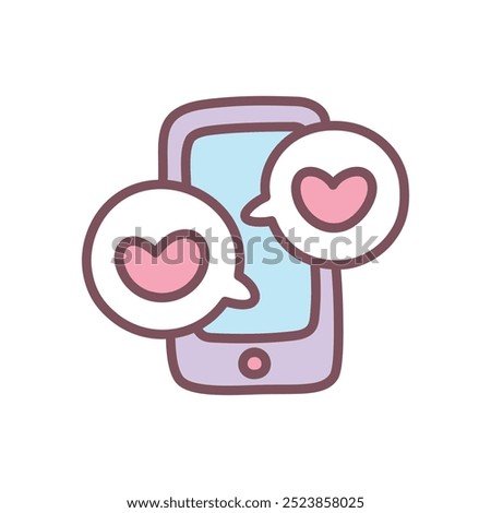 Cute phone icon. Hand drawn illustration of a smartphone and text bubbles with little hearts isolated on a white background. Kawaii St. Valentine day sticker. Vector 10 EPS.
