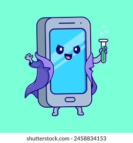 Cute Phone scientist Holding Lab Tube Cartoon Vector Icon Illustration. Science Technology Icon Concept Isolated Premium Vector. Flat Cartoon Style