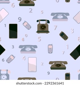 Patrón perfecto de teléfono. Los teléfonos de diferentes años y los números multicolores se encuentran al azar sobre un fondo claro. Vector.