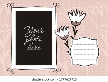Cute photo book with flower. Pink page for a photo album. Template for the design of frames for photographs, posters, cards, stickers. Vector illustration.