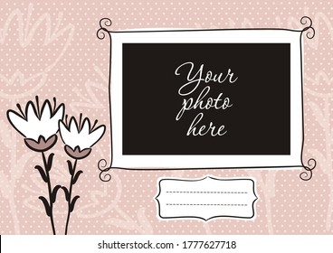 Cute photo book with flower. Pink page for a photo album. Template for the design of frames for photographs, posters, cards, stickers. Vector illustration.