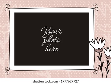 Cute photo book with flower. Pink page for a photo album. Template for the design of frames for photographs, posters, cards, stickers. Vector illustration.