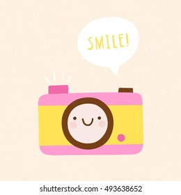 Cute Photo Camera character in cartoon style. Smiley camera with speech bubble. Smile! Photography cute vector illustration.