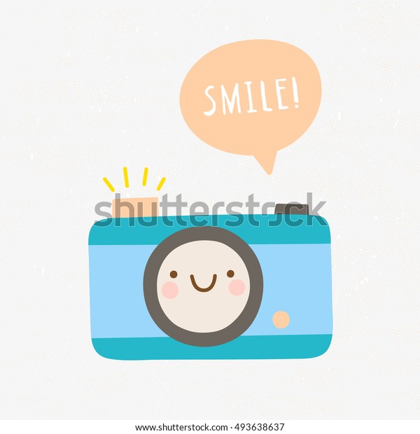 カートーン風のかわいいフォトカメラキャラクター 吹き出し付きスマイリーカメラ 笑って 写真のかわいいベクターイラスト のベクター画像素材 ロイヤリティ フリー