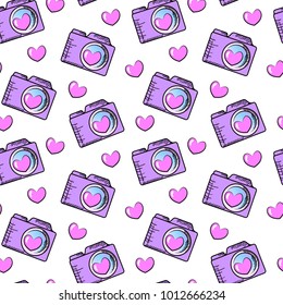 Cute photo camera seamless pattern.Violet camera with hearts. Vector illustration 