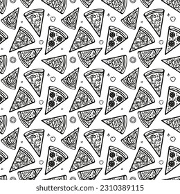 Cute photo with doodle drawings of pizza slices. Sweet vector black and white pizza background. Seamless monochrome pizza background with doodles for fabric, wallpaper, wrapping paper and postcards.