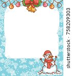 Cute Photo Frame with winter holiday elements, snow and snowflakes. Happy New Year, Merry Christmas lettering calligraphy text. Cartoon art illustration in vector hand drawn, doodle style