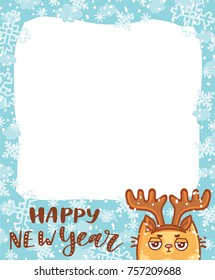 Cute Photo Frame in winter holiday theme: Happy New Year, Merry Christmas lettering calligraphy text. Cartoon illustration in vector hand drawn, doodle style with cute ginger Cat character. 