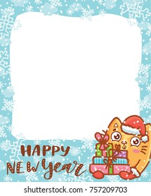 Cute Photo Frame in winter holiday theme: Happy New Year, Merry Christmas lettering calligraphy text. Cartoon illustration in vector hand drawn, doodle style with cute ginger Cat character. 