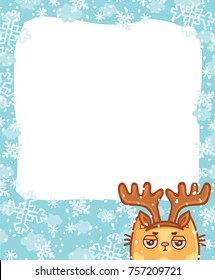 Cute Photo Frame in winter holiday theme: for Christmas, New Year celebration with place for your text. Cartoon illustration in vector hand drawn, doodle style with cute ginger Cat character. 