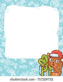 Cute Photo Frame in winter holiday theme: for Christmas, New Year celebration with place for your text. Cartoon illustration in vector hand drawn, doodle style with cute grizzly Bear character.