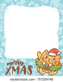 Cute Photo Frame in winter holiday theme: Happy New Year, Merry Christmas lettering calligraphy text. Cartoon illustration in vector hand drawn, doodle style with cute ginger Cat character. 