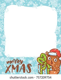 Cute Photo Frame in winter holiday theme: Happy New Year, Merry Christmas lettering calligraphy text. Cartoon illustration in vector hand drawn, doodle style with cute grizzly Bear character. 