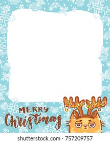 Cute Photo Frame in winter holiday theme: Happy New Year, Merry Christmas lettering calligraphy text. Cartoon illustration in vector hand drawn, doodle style with cute ginger Cat character. 