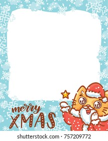 Cute Photo Frame in winter holiday theme: Happy New Year, Merry Christmas lettering calligraphy text. Cartoon illustration in vector hand drawn, doodle style with cute ginger Cat character. 