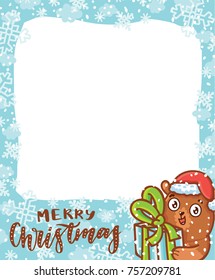 Cute Photo Frame in winter holiday theme: Happy New Year, Merry Christmas lettering calligraphy text. Cartoon illustration in vector hand drawn, doodle style with cute grizzly Bear character. 