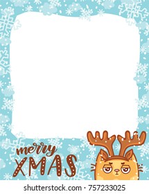 Cute Photo Frame in winter holiday theme: Happy New Year, Merry Christmas lettering calligraphy text. Cartoon illustration in vector hand drawn, doodle style with cute ginger Cat character