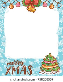 Cute Photo Frame with winter holiday elements, snow and snowflakes. Happy New Year, Merry Christmas lettering calligraphy text. Cartoon art illustration in vector hand drawn, doodle style