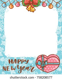 Cute Photo Frame with winter holiday elements, snow and snowflakes. Happy New Year, Merry Christmas lettering calligraphy text. Cartoon art illustration in vector hand drawn, doodle style