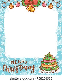 Cute Photo Frame with winter holiday elements, snow and snowflakes. Happy New Year, Merry Christmas lettering calligraphy text. Cartoon art illustration in vector hand drawn, doodle style