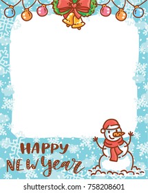 Cute Photo Frame with winter holiday elements, snow and snowflakes. Happy New Year, Merry Christmas lettering calligraphy text. Cartoon art illustration in vector hand drawn, doodle style