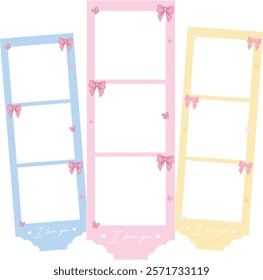 Cute photo strip frame template, adorned with delicate bows, charming butterflies, and a romantic "I Love You" message. Perfect for Valentine's Day, weddings, anniversaries, or any romantic occasion.