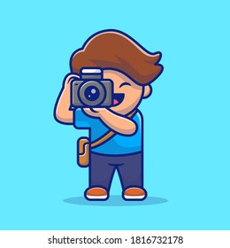 Cute Photographer Cartoon Vector Icon Illustration. People Profession Icon Concept Isolated Premium Vector. Flat Cartoon Style