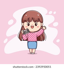 cute photographer girl long hair with pink sweater holding camera chibi kawaii