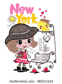 Cute photographer girl is walking in new york illustration vector.