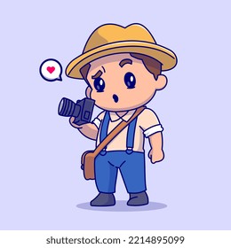 Cute Photographer Holding Camera Cartoon Vector Icon Illustration. People Technology Icon Concept Isolated Premium Vector. Flat Cartoon Style